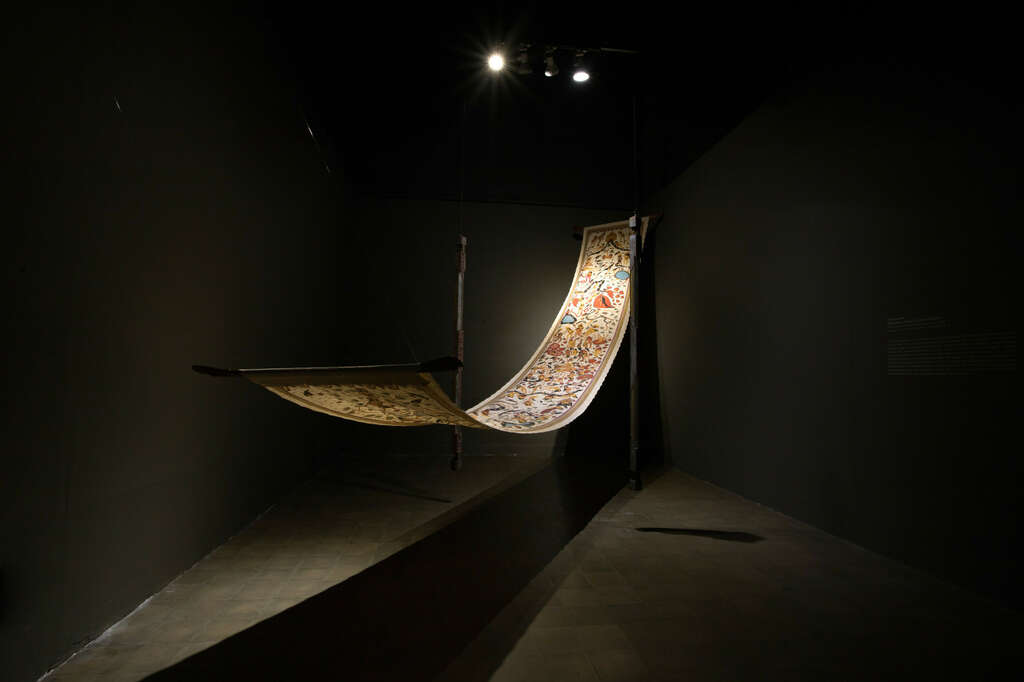 Timur Merah Project VII Divine Comedia acrylic on Kamasan Traditional canvas 90 x 600 cm 2 antique pillar 2021